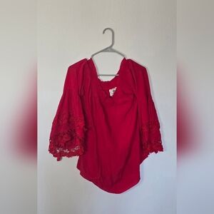 Muche & Muchette Red Boho Lace Bell Sleeve Cottage Festival Peasant Top OS